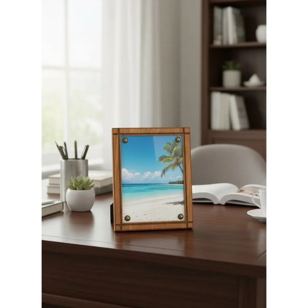 Vintage Handmade Wooden Photo Frame With Plastic Cover &‎ Brass Screws